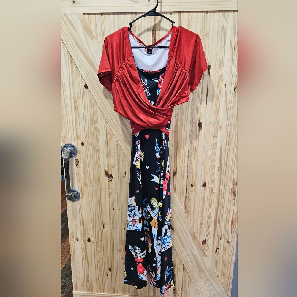 Rust Orange Wrap Top with Black Cartoon Print Maxi Dress